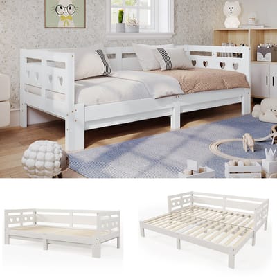 Slaapbank - Daybed - uitschuifbaar bed - 90x200cm - massief grenen - met tweede bed en rolluikrooster - wit - Zonder matras