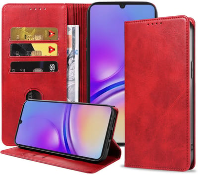 Smartphonica Telefoonhoesje Geschikt voor Samsung Galaxy A05 Kunstleer met Magnetische sluiting en Pasjeshouders Bookcase met Klepje - Rood geschikt voor Samsung Galaxy A05