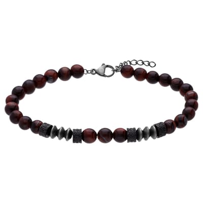 Lucardi - Heren Stainless Steel kralenarmband tijgeroog - Armband - Staal - Zilverkleurig - 20 cm
