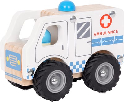 Speelgoedtopdeals - Houten Ambulance - Speelgoedauto voor kinderen - Ziekenwagen - Rubberen wielen