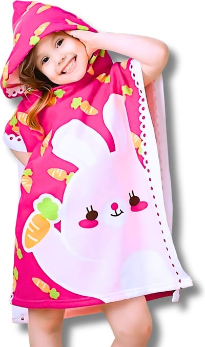 BoefieBoef Kinder Badponcho - Baby Badcape - Microfiber Kleuter Omslagdoek Met Capuchon - Kerst Cadeau - Peuter Strandponcho Voor Kinderen tot 6 jaar - 60x90cm - Konijn Roze Rood - jongens - meisje - Peuter - Zomer - Strandlaken - Surfponcho