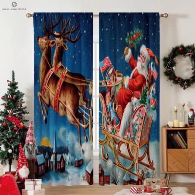 Vrolijk Kerstmis Raamgordijn, Tunnelzoom, Geschikt voor Slaapkamer, Woonkamer, Buitendecoratie, Kan worden aangepast, 2 stuks W50xH130(CM)x2PCS&Grommet Top brown
