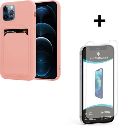 ShieldCase telefoonhoesje geschikt voor Apple iPhone 12 / 12 Pro siliconen hoesje met pasjeshouder - roze + glazen Screen Protector