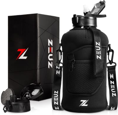 ZEUZ Grote Waterfles 2,2 Liter met Handvat – 2200 ML Drinkfles met Rietje & Bidon - BPA Vrij – 2.2 L - Zwart