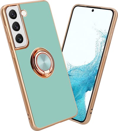 Cadorabo Hoesje geschikt voor Samsung Galaxy S21 5G in Glossy Turquoise - Goud met ring - Beschermhoes van flexibel TPU-silicone Case Cover met camerabescherming en magnetische autohouder