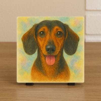 Tegel Teckel | 10,5 x 10,5 cm | Hondenportret keramiek | Unieke woondecoratie – Decoratief Tegeltje met Standaard – Cadeau Idee
