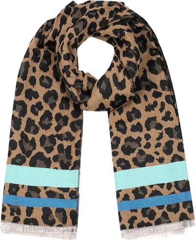 Bruine Panter Sjaal met Blauwe Strepen - Trendy Dames Sjaals met leopard print & Streep Design - Zwart - Blauw - Mint
