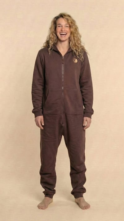 Dames Jogging Onesie | Van het bekende Nederlandse merk Knuffle® | Linda: "De allerbeste Onesie ooit gemaakt! Stijlvol, comfortabel en perfecte kwaliteit" | Gratis verzending | Handgemaakt in Portugal | In 4 kleuren; dit is maat XS in de kleur Bruin