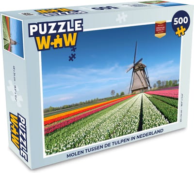 Puzzel Molen tussen de tulpen in Nederland - Legpuzzel - Puzzel 500 stukjes