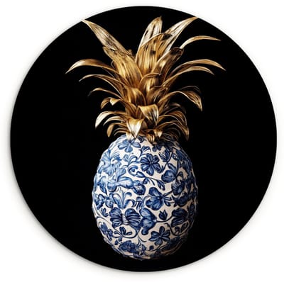 WallCircle® Wandcirkel 60x60 cm - Muurcirkel Ananas - Bloemen patroon - Goud - Delftsblauw - Muurdecoratie woonkamer - Wanddecoratie keuken - Kamer decoratie accessoires - Ronde schilderijen