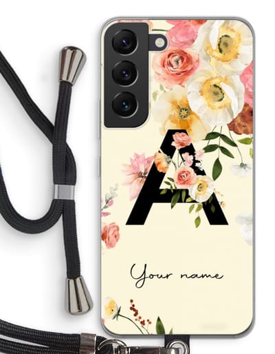 Gepersonaliseerd - Case Company® - Hoesje met koord geschikt voor Samsung Galaxy S22 hoesje met Koord - Flirty Flowers Monogram - Telefoonhoesje met Zwart Koord - Bescherming aan alle Kanten en Over de Schermrand