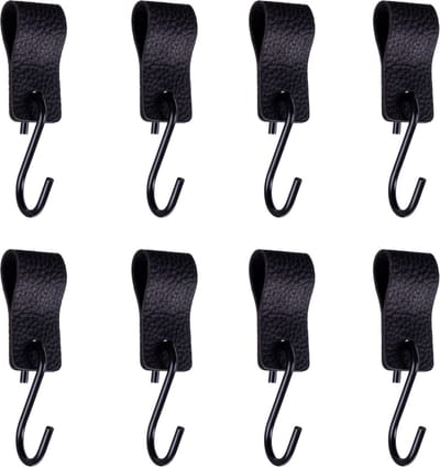 QUVIO S haak met leren bandje - Kledinghaken - Kledinghangers - Opbergen - Haken - Keukenhaken - Metaal - Leer - Ophanghaken - Set van 8 - Zwart