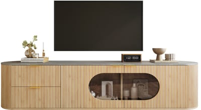 Wishdor - Tv-Meubel - Verticale 3D-Deuren En Ovale Vitrinedeur - Modern - Woonkamer - MDF En Glas - Naturel - 172 x 38 x 45,5 cm