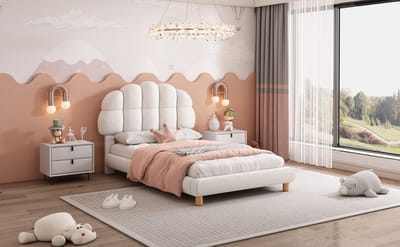 Zubaliya Kinderbed 90x200 cm Wit – Fluwelen Eenpersoonsbed met Rond Hoofdbord, Lattenbodem en Verstelbaar Hoofdeinde