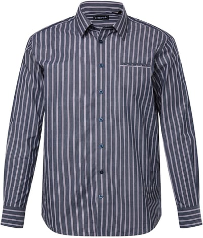 Men Plus - Heren - Gestreept overhemd van linnenmix lange mouwen kentkraag - Navy blauw - Maat L