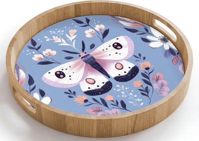 Dienblad rond 40x40 cm - Schootdienblad hout - Vlinder - Vleugels - Stippen - Bloemen - Borrelplank rechthoek - Plateau houten dienbladen