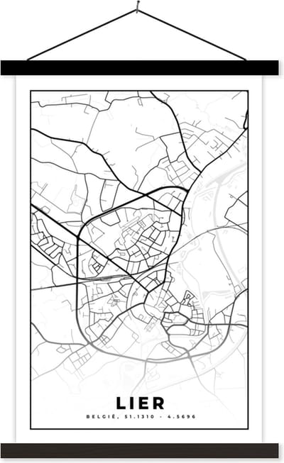 Posterhanger incl. Poster 40x60 cm - Schoolplaat - België – Lier – Stadskaart – Kaart – Zwart Wit – Plattegrond - Textielposter - Zwarte latten - Stadskaart