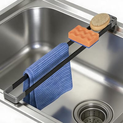 Spoeldoekhouder Keuken - Spoelbak Organizer - Keuken Opbergen - Hittebestendig Metaal - 43 cm Lengte - Zwart