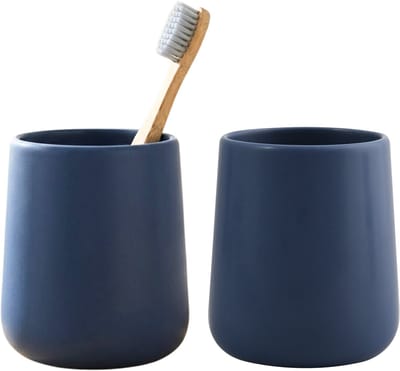 Bathroom Solutions Badkamer beker / tandenborstelhouder Earth Serie - 2x - Keramiek - donkerblauw - 8 x 10 cm