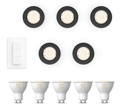 Philips Hue Peridot Set van 5 Inbouwspots (Zwart) - Rond - Niet Richtbaar - GU10 - Warm tot Koelwit Licht - Incl. Hue Dimmer Switch - Hue White Ambiance