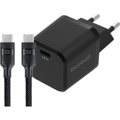 BlueBuilt 65W GaN Usb C Oplader Zwart + Usb C Kabel 240W 2m Nylon Zwart