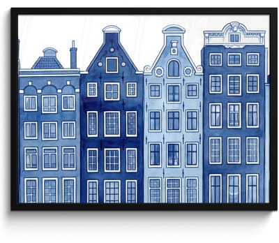 Poster in lijst - Fotolijst 80x60 cm - Posters - Aquarel - Grachtenpanden - Delfts - Blauw - Posterlijst zwart - Decoratie - Wanddecoratie woonkamer - Muurdecoratie slaapkamer
