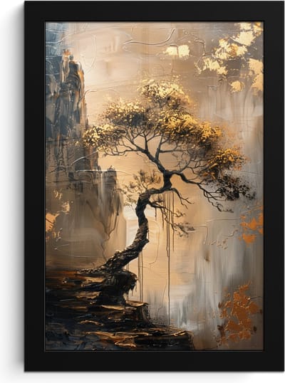 Poster in lijst - Fotolijst 20x30 cm - Posters - Boom - Goud - Landschap - Verf - Posterlijst zwart - Decoratie - Wanddecoratie woonkamer - Muurdecoratie slaapkamer