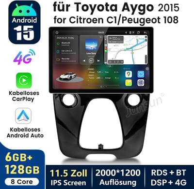 Hexinex 11.5" Octa-Core autoradio Geschikt voor Toyota Aygo II Peugeot 108 Citroen C1 - Draadloos CarPlay, Android Auto, multimediaspeler, 6GB+128GB