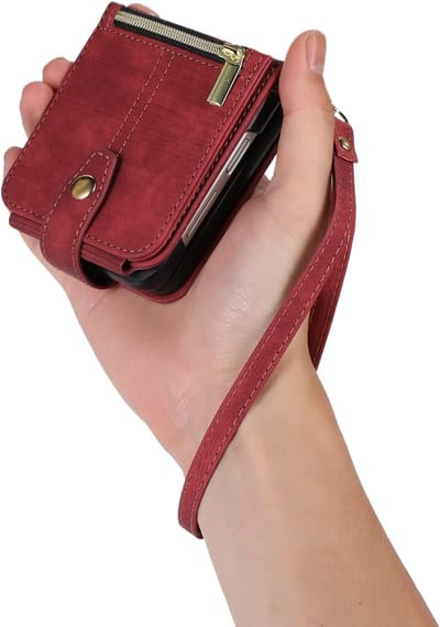 Geschikt voor Samsung Galaxy Z Flip 6 - Retro Lederen Portemonnee - Kaartsleuven - Handtas - Hoesje - Rood