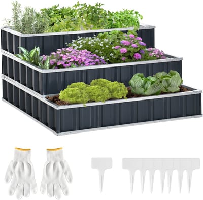 Killogood Stalen verhoogde bak 3-laags tuinbed met T-vormige plantenlabels handschoenen plantbed kruidenbed bloementrap voor balkon tuin donkergrijs 118 x 118 x 62 cm