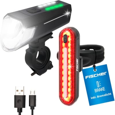 Fietsverlichtingsset met USB-oplaadfunctie, 80 Lux Voorlicht en Accu Achterlicht met Stoplichtfunctie, Spatwaterdicht en StVZO-goedgekeurd