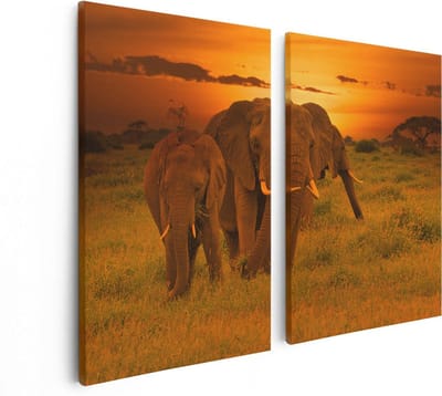 Artaza Canvas Schilderij Tweeluik Olifanten In Het Wild - Zonsondergang - 80x60 - Foto Op Canvas - Canvas Print