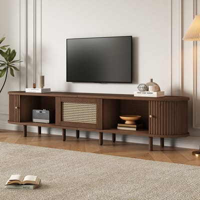 MEUNIQ TV-meubel 180 x 40 x 40 cm met 1 lade, 2 schuifdeuren, open vak en verstelbare voeten, ovaal dressoir voor woonkamer in donker walnootkleur met rattan-look