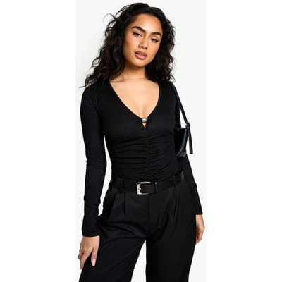 boohoo Dames Geribbelde Bodysuit met diepe V-hals en voorzijde afwerkingsdetails | Black | Maat: 6