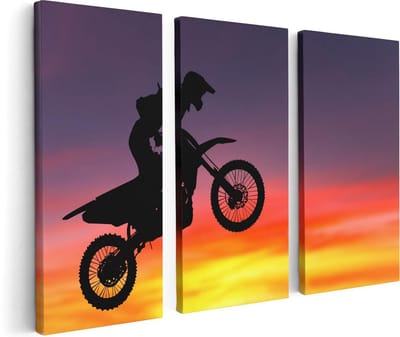 Artaza Canvas Schilderij Drieluik Silhouet Van Een Motorcross In De Lucht  - 120x80 - Foto Op Canvas - Canvas Print