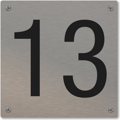 Huisnummerbord - huisnummer 13 - voordeur - 12 x 12 cm - rvs look - schroeven - naambordje nummerbord