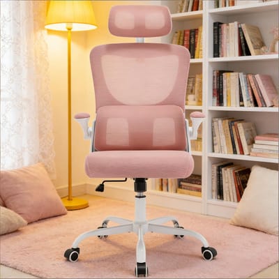 HAUSS SPOLE Ergonomische Bureaustoel Met Wielen - Verstelbare Hoofdsteun En Klapbare Armleuningen - Voor Werk En Overleg - Mesh En Metaal - Roze