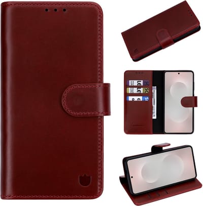 Casemania Echt Leren Hoesje Geschikt voor Samsung Galaxy S26 - Burgundy Red - Leer 2 in 1 Magnetisch Afneembare Book Case - Portemonnee Hoes met Pasjeshouder - Geschikt voor MagSafe