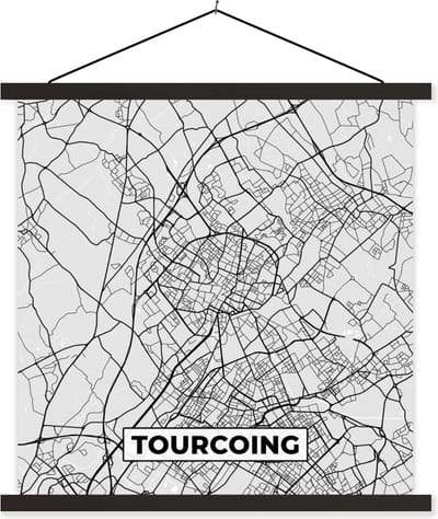 Posterhanger incl. Poster 60x60 cm - Schoolplaat - Tourcoing - Plattegrond - Frankrijk - Kaart - Stadskaart - Textielposter - Zwarte latten - Stadskaart