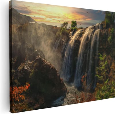 Artaza Canvas Schilderij Zonsondergang - 40x30 cm - Klein - Wanddecoratie Waterval - Muurdecoratie Bos - Kamer Accessoires