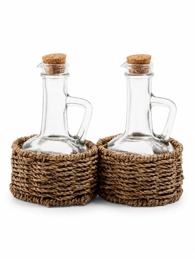 Glozini Olie- en Azijn Set met Gevlochten Houder - Glas/Kurk