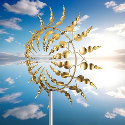 Goud kleuren magische 3D windmolen 32cm | 360° draaiende metalen windvanger | Sierlijke sculptuur als decoratie voor tuin en terras