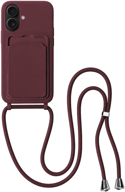 Hoes Geschikt voor iPhone 16 Plus Hoesje Pas Houder Case Hoes Met Koord - Hoesje Geschikt voor iPhone 16 Plus Hoes Met Telefoonkoord Pasjeshouder Cover - Aubergine