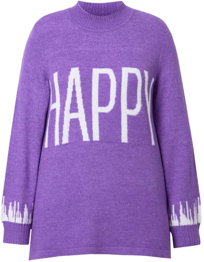 Angel of Style - Dames - Trui HAPPY-statement lange ballonmouwen - Seringpaars - Maat 46+