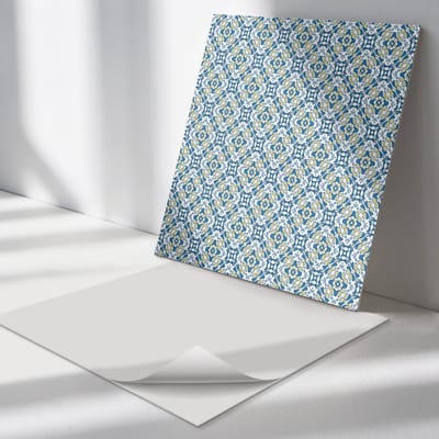 Wallfluent Vinyl Tegels - Geometrisch Patroon met Bloemenmotief Wand PVC Tegels - 30 cm x 30 cm - Blauw Vinyl Tegels - 9 stuks - Vierkant PVC Tegels - Patroon Plaktegels - Vinyl Tegels Zelfklevend - Plaktegels Keuken en Badkamer