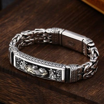 Chinese Stijl Retro Zilver Dubbelstrengs Vrede Tattoo Geld Dappere Troepen Heren Armband Persoonlijkheid Pop Retro Gelukkige Kerel 18cm gray