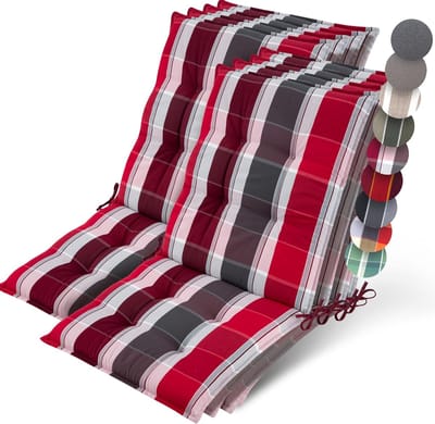 Beautissu Sun-NL – Set van 8 Premium Lage Rugleuning Kussen 100x50 cm - UV-bestendig & 8cm Dik Kussen Tuinstoelkussen Antislip Bevestigingsbanden – Stevige Stof Antraciet Rood Gestreept