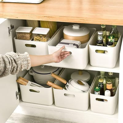 Set van 6 Opbergdozen met 4 Deksel, Handige Opbergmanden voor Badkamer, Keuken en Kantoor