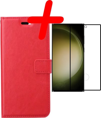 Hoesje Met Screenprotector - Geschikt voor Samsung Galaxy S23 Ultra - Luxe Pasjeshouder - Bookcase Portemonee - Flip Case - Kunstleer Book Case - Flipcase - Book Cover - Walletcase - Portemonneehoes - Rood