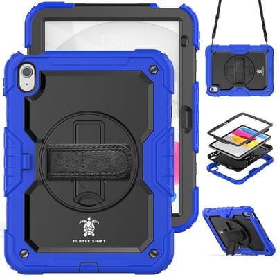 Turtle Shift Hoes met Screenprotector - Geschikt voor iPad 11 (A16) en iPad 10 - 2025 en 2022 - 10.9 Inch - Schouderriem - Draaibare Standaard met Apple Pencil Houder - Blauw